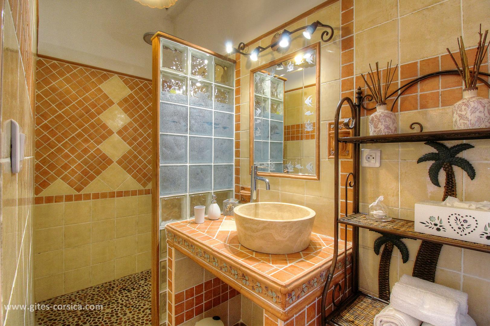 Chambres d'hôtes à Pila Canale, le grand Valinco, en Corse du Sud, labellisé Gîtes de France : la salle d'eau de la chambre Canta photo 19